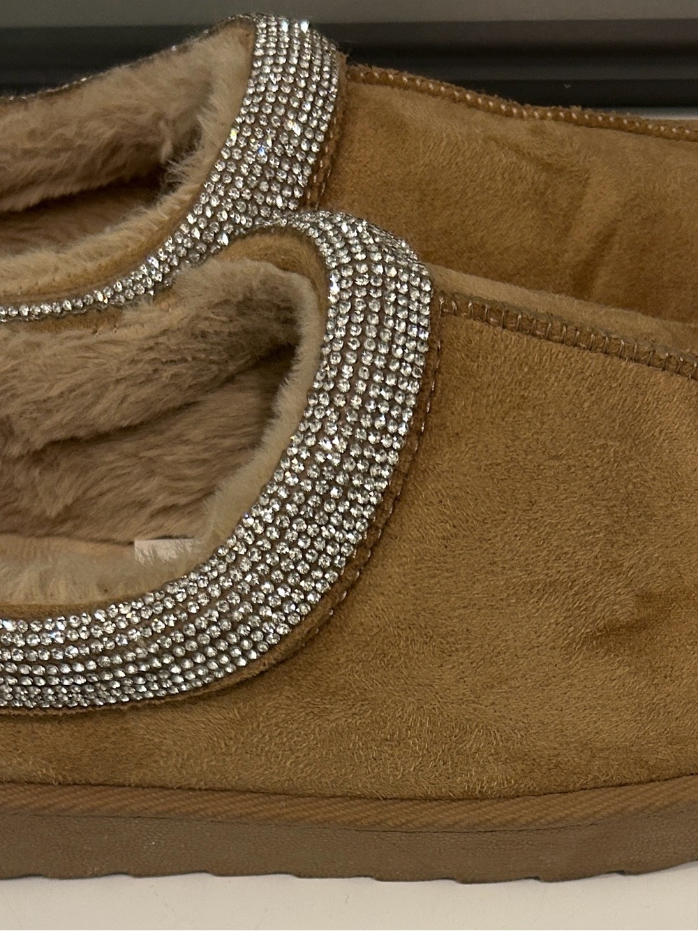Crystal-Trim Suede Cozy Slipper - Tan